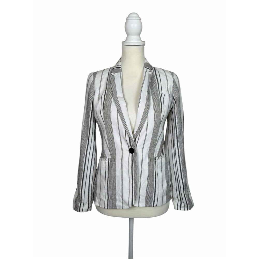 Calvin Klein Linen Blend Striped Blazer Jacket White Black Career Office Size 4P